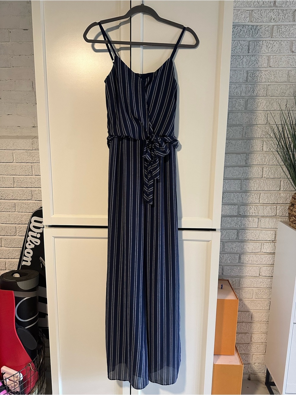 MICHAEL Michael Kors Navy and White Striped Maxi Dress with Tie Waist